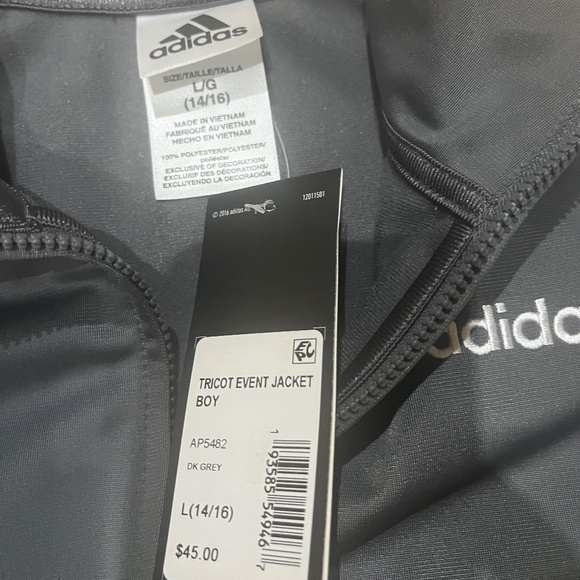 🆕️ Adidas Boys Tricot Event Jacket Size L (14-16) Grey and White New With Tags - Picture 3 of 3